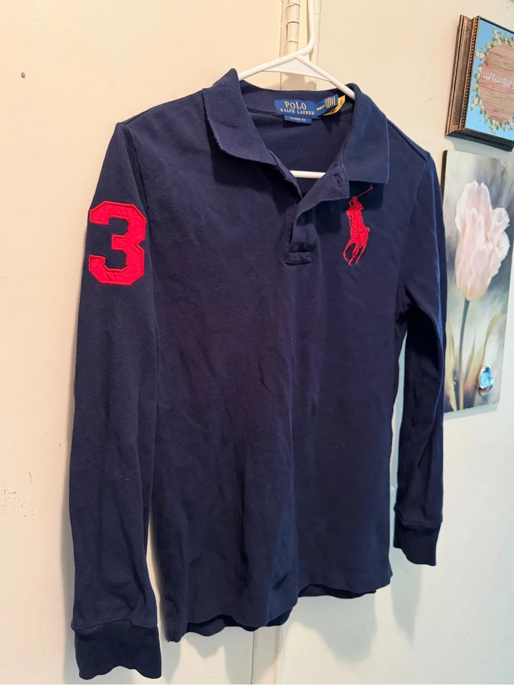 Ralph Lauren Navy Long-Sleeve Polo with Red Pony & Sleeve Patch 10-12